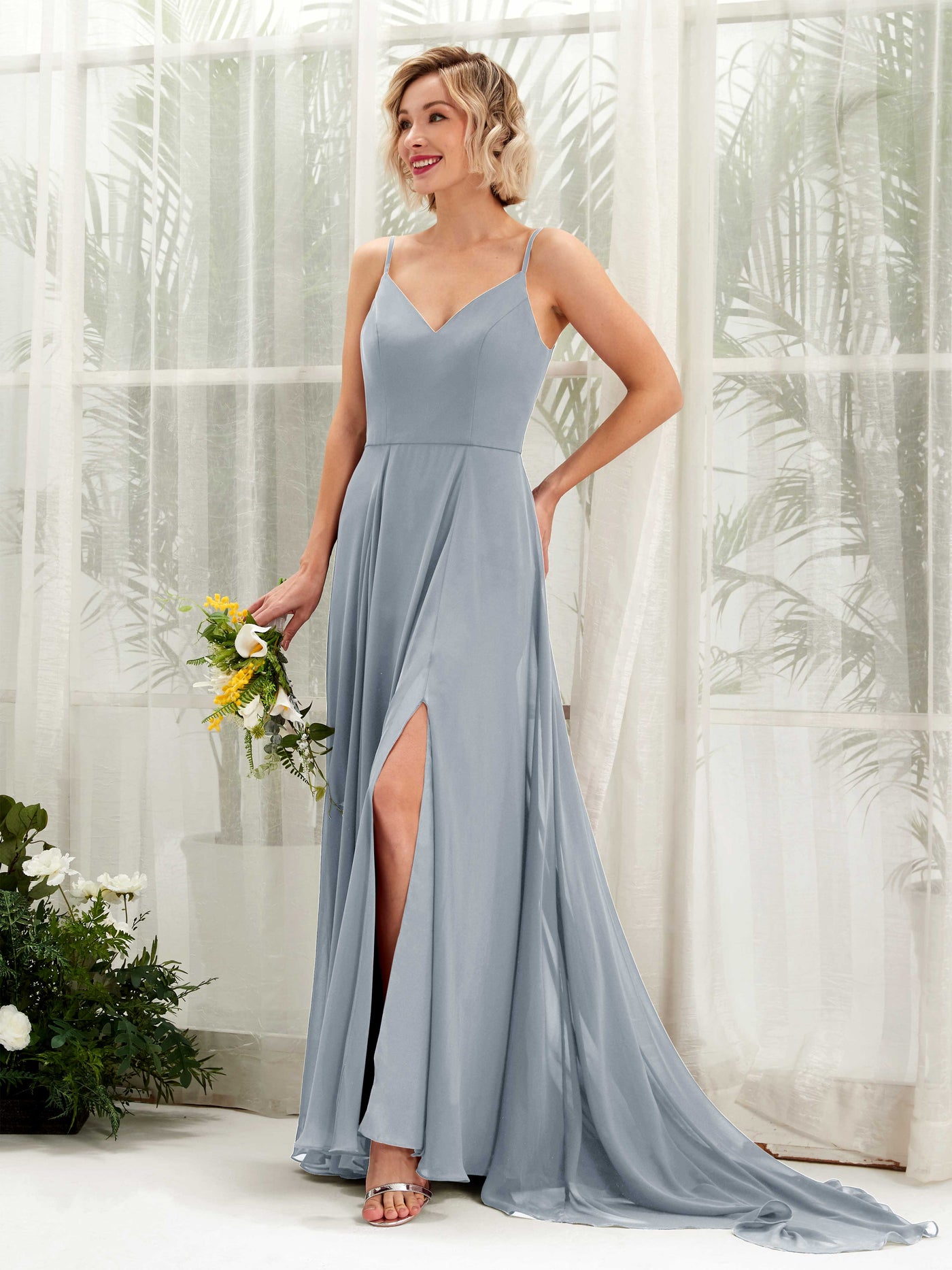 Dusty Blue-Upgrade Bridesmaid Dresses Bridesmaid Dress A-line Chiffon V-neck Full Length Sleeveless Wedding Party Dress (81224104)#color_dusty-blue-upgrade