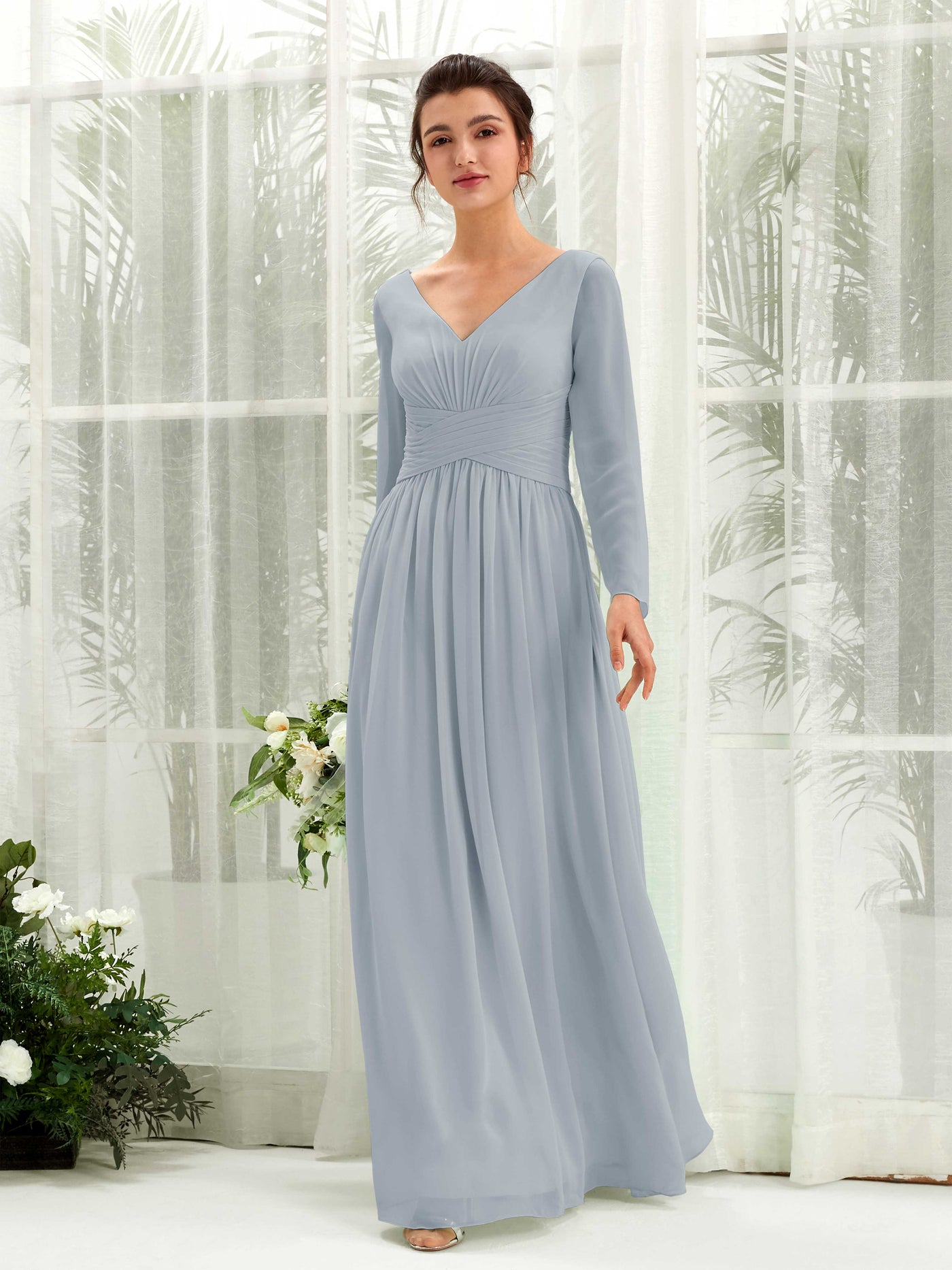Dusty Rose Chiffon Bridesmaid Dress A-Line Maxi Long Sleeve V-Neck | Carlyna Dusty Rose Chiffon Bridesmaid Dress A-Line Maxi Long Sleeve V-Neck | Carlyna