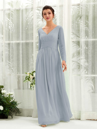 Dusty Blue-Upgrade Bridesmaid Dresses Bridesmaid Dress A-line Chiffon V-neck Full Length Long Sleeves Wedding Party Dress (81220304)#color_dusty-blue-upgrade