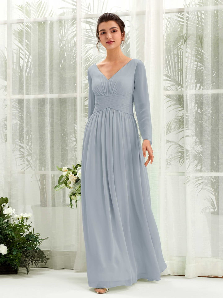 Dusty Blue-Upgrade Bridesmaid Dresses Bridesmaid Dress A-line Chiffon V-neck Full Length Long Sleeves Wedding Party Dress (81220304)