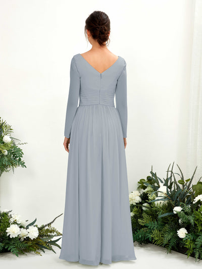 Carlyna Coline A-Line Dusty Blue-Upgrade Bridesmaid Dress Maxi Long Sleeve V-Neck Back View #color_dusty-blue-upgrade