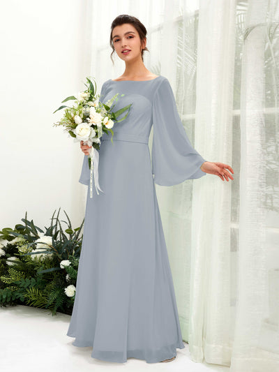 Dusty Blue-Upgrade Bridesmaid Dresses Bridesmaid Dress A-line Chiffon Bateau Full Length Long Sleeves Wedding Party Dress (81220504)#color_dusty-blue-upgrade