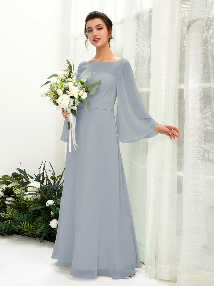 Dusty Blue-Upgrade Bridesmaid Dresses Bridesmaid Dress A-line Chiffon Bateau Full Length Long Sleeves Wedding Party Dress (81220504)