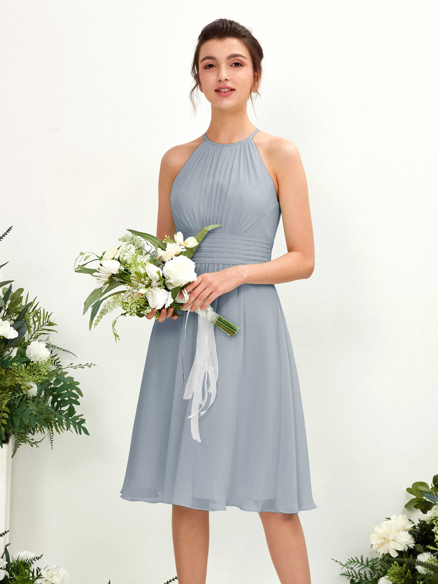 Dusty Blue-Upgrade Bridesmaid Dresses Bridesmaid Dress A-line Chiffon Halter Knee Length Sleeveless Wedding Party Dress (81220104)#color_dusty-blue-upgrade