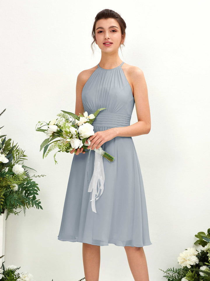 Dusty Blue-Upgrade Bridesmaid Dresses Bridesmaid Dress A-line Chiffon Halter Knee Length Sleeveless Wedding Party Dress (81220104)
