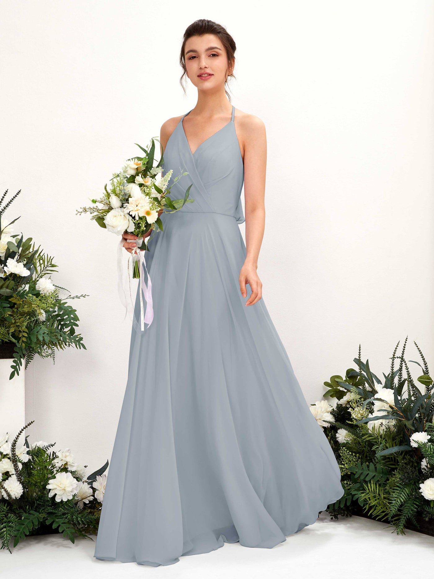 Halter V-neck Sleeveless Chiffon Bridesmaid Dress - Dusty Blue-Upgrade (81221004)#color_dusty-blue-upgrade