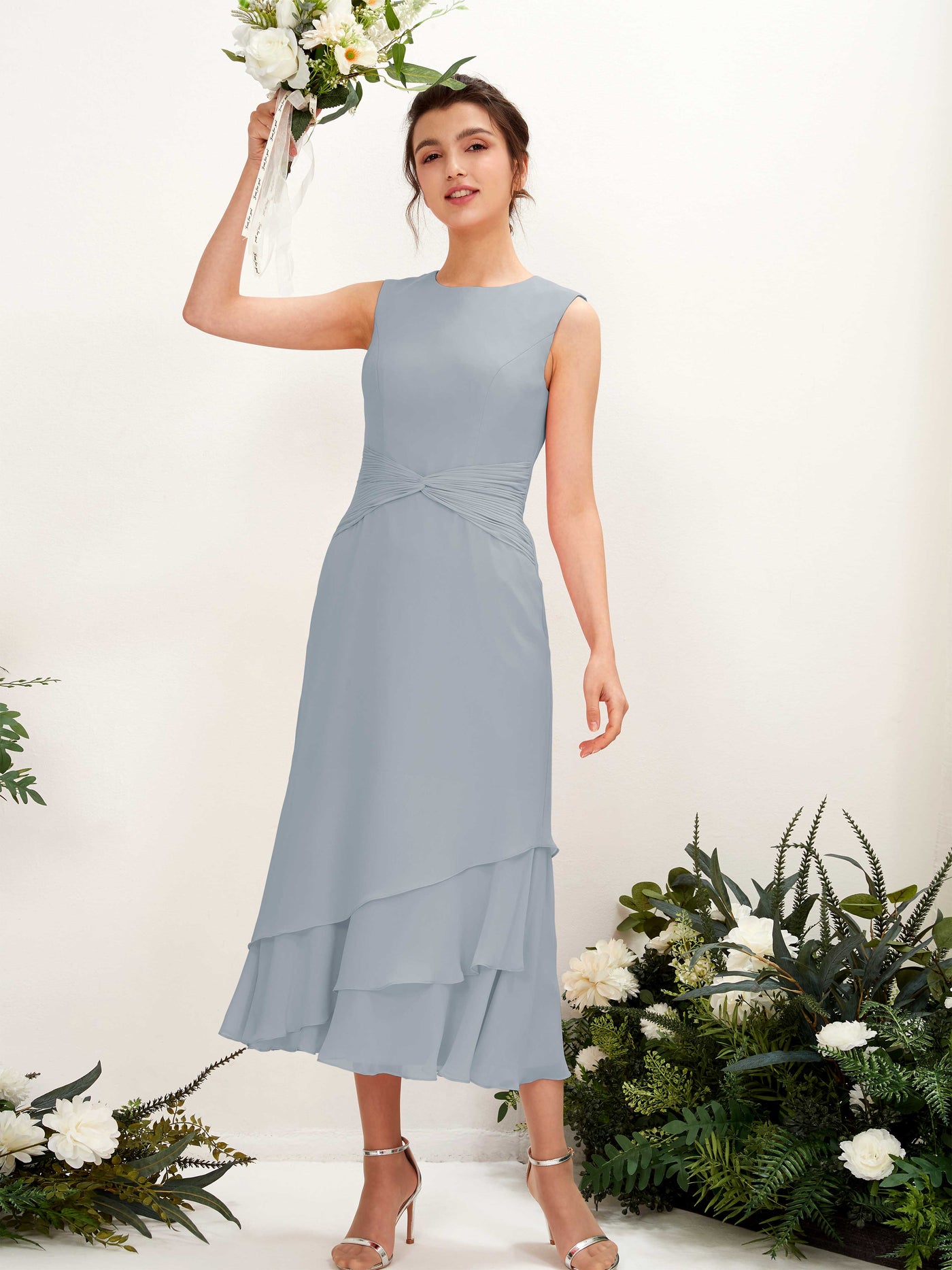 dusty blue midi bridesmaid dresses KissProm