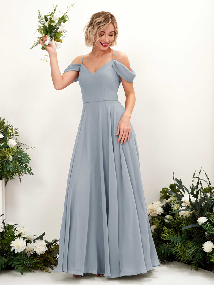 Dusty Blue-Upgrade Bridesmaid Dresses Bridesmaid Dress A-line Chiffon Off Shoulder Full Length Sleeveless Wedding Party Dress (81224904)