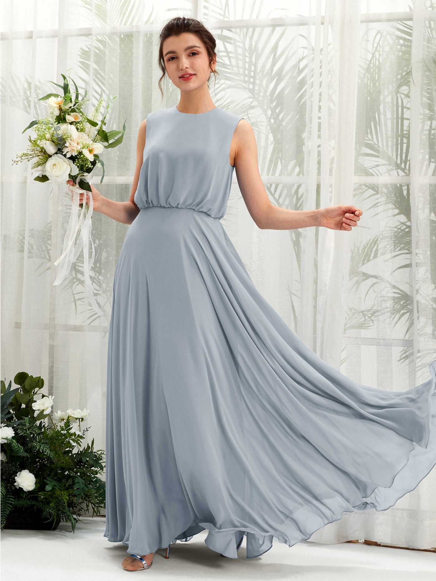Dusty Blue-Upgrade Bridesmaid Dresses Bridesmaid Dress A-line Chiffon Round Full Length Sleeveless Wedding Party Dress (81222804)#color_dusty-blue-upgrade