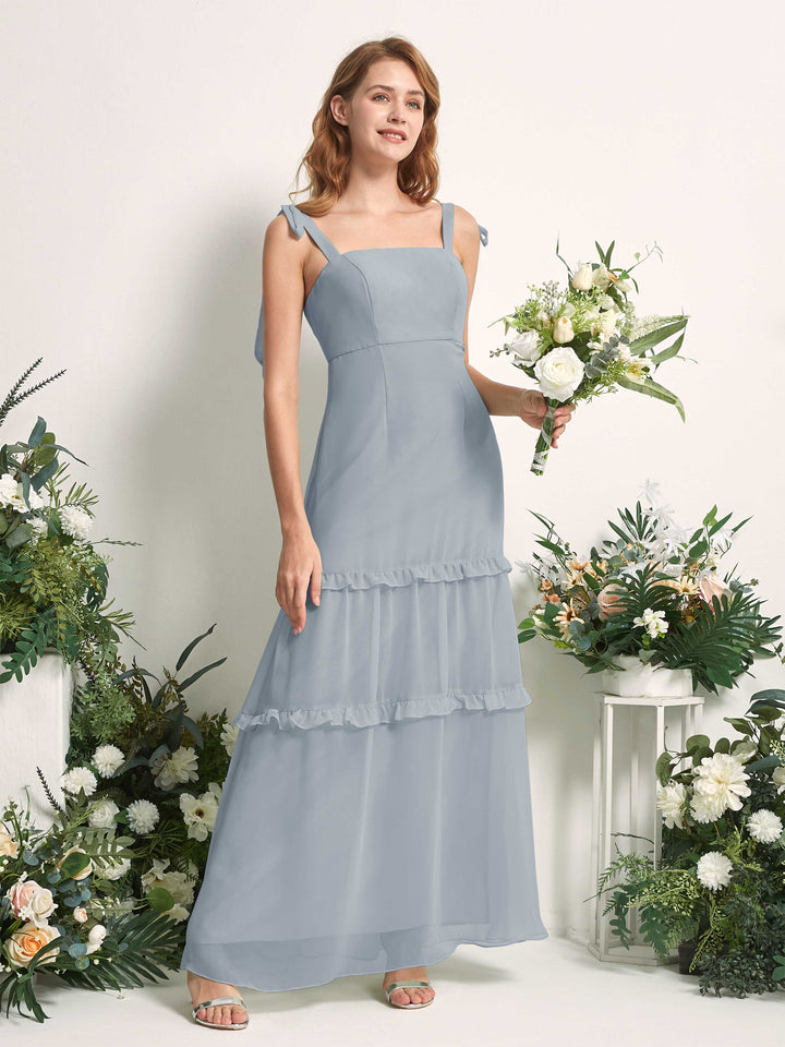 Bridesmaid Dress Chiffon Straps Full Length Sleeveless Wedding Party Dress - Dusty Blue-Upgrade (81227504)