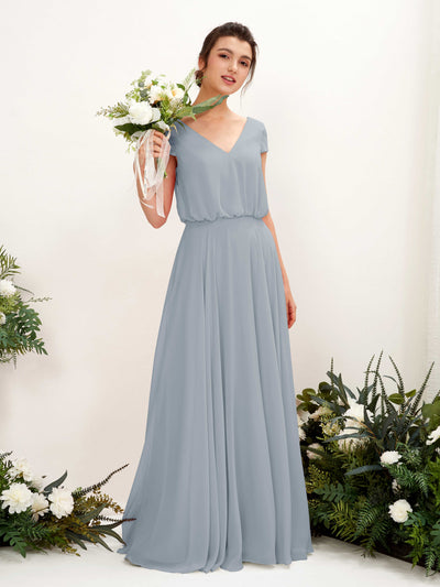 Dusty Blue-Upgrade Bridesmaid Dresses Bridesmaid Dress A-line Chiffon V-neck Full Length Short Sleeves Wedding Party Dress (81221804)#color_dusty-blue-upgrade