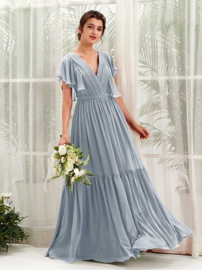 Dusty Blue-Upgrade Bridesmaid Dresses Bridesmaid Dress A-line Chiffon V-neck Full Length Short Sleeves Wedding Party Dress (81225904)#color_dusty-blue-upgrade