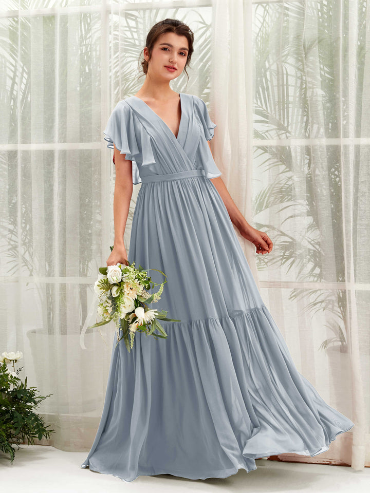 Dusty Blue-Upgrade Bridesmaid Dresses Bridesmaid Dress A-line Chiffon V-neck Full Length Short Sleeves Wedding Party Dress (81225904)