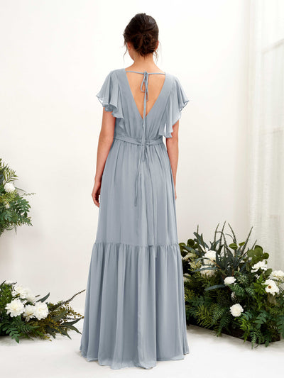 Carlyna Chaya A-Line Dusty Blue-Upgrade Bridesmaid Dress Maxi Cap Sleeve V-Neck Dress Back View #color_dusty-blue-upgrade