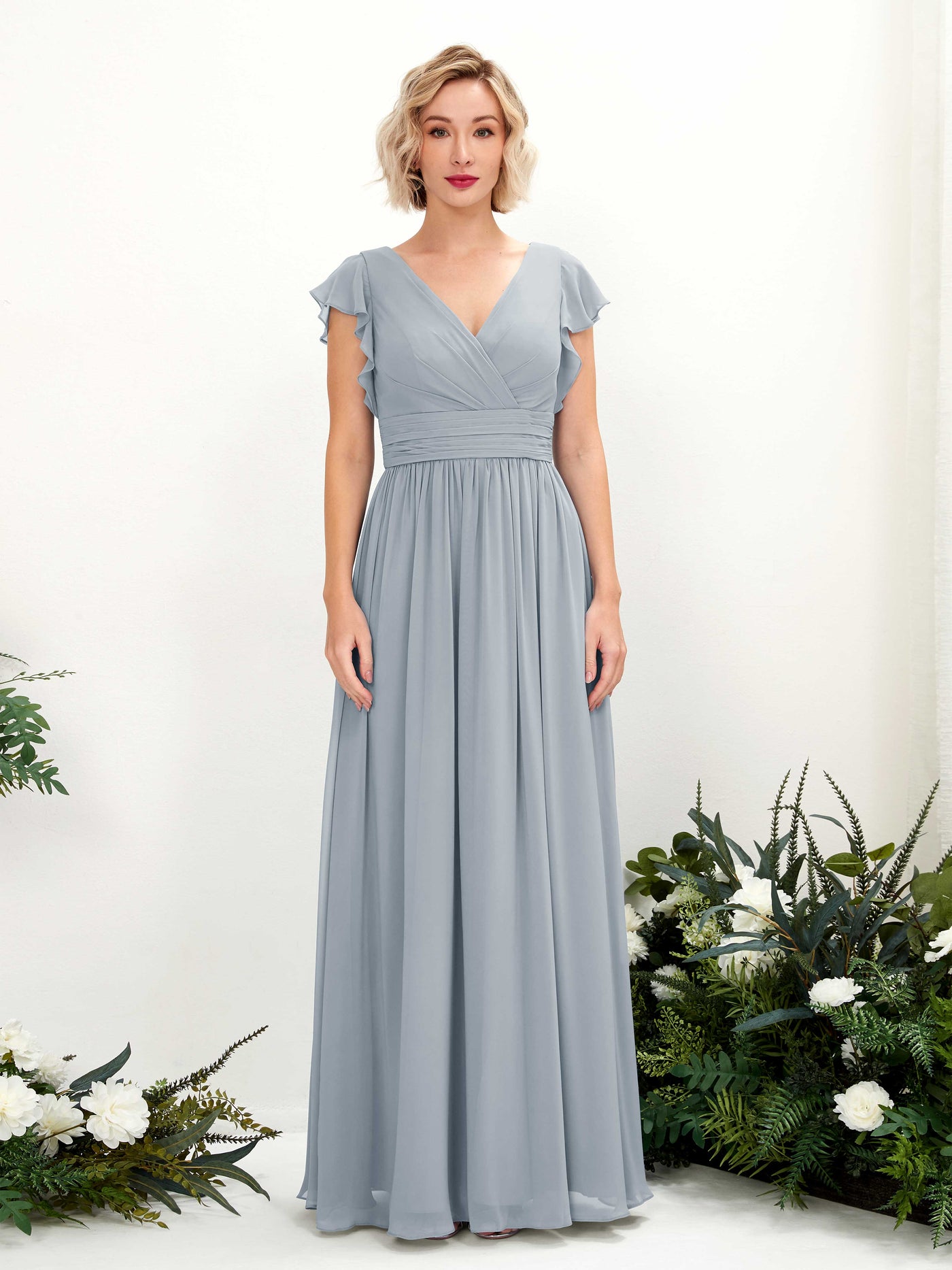 Dusty Blue-Upgrade Bridesmaid Dresses Bridesmaid Dress A-line Chiffon V-neck Full Length Short Sleeves Wedding Party Dress (81222704)#color_dusty-blue-upgrade