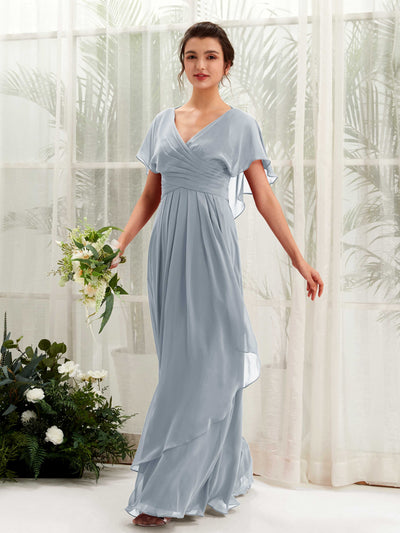 Open back V-neck Short Sleeves Chiffon Bridesmaid Dress - Dusty Blue-Upgrade (81226104)#color_dusty-blue-upgrade