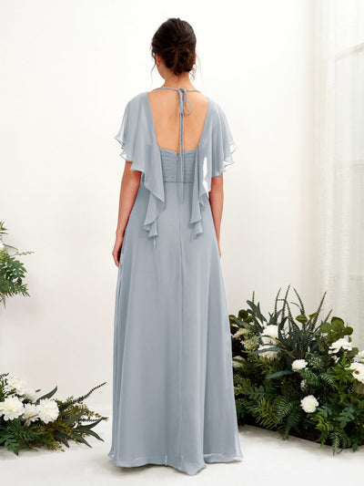 Carlyna Darlene A-Line Dusty Blue-Upgrade Bridesmaid Dress Maxi Short Sleeve V-Neck Dress Back View #color_dusty-blue-upgrade