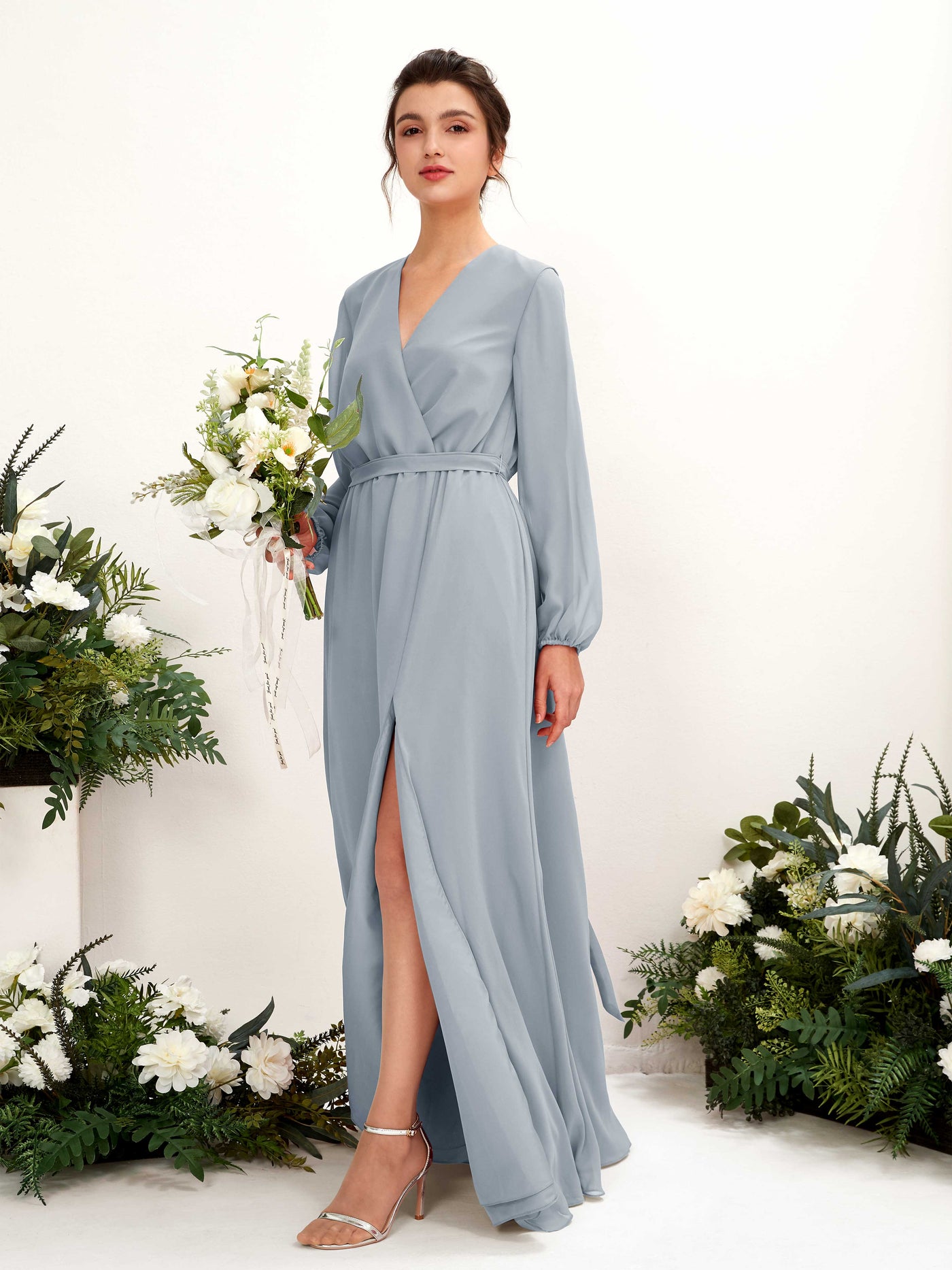 Dusty Blue-Upgrade Bridesmaid Dresses Bridesmaid Dress A-line Chiffon V-neck Full Length Long Sleeves Wedding Party Dress (81223204)#color_dusty-blue-upgrade