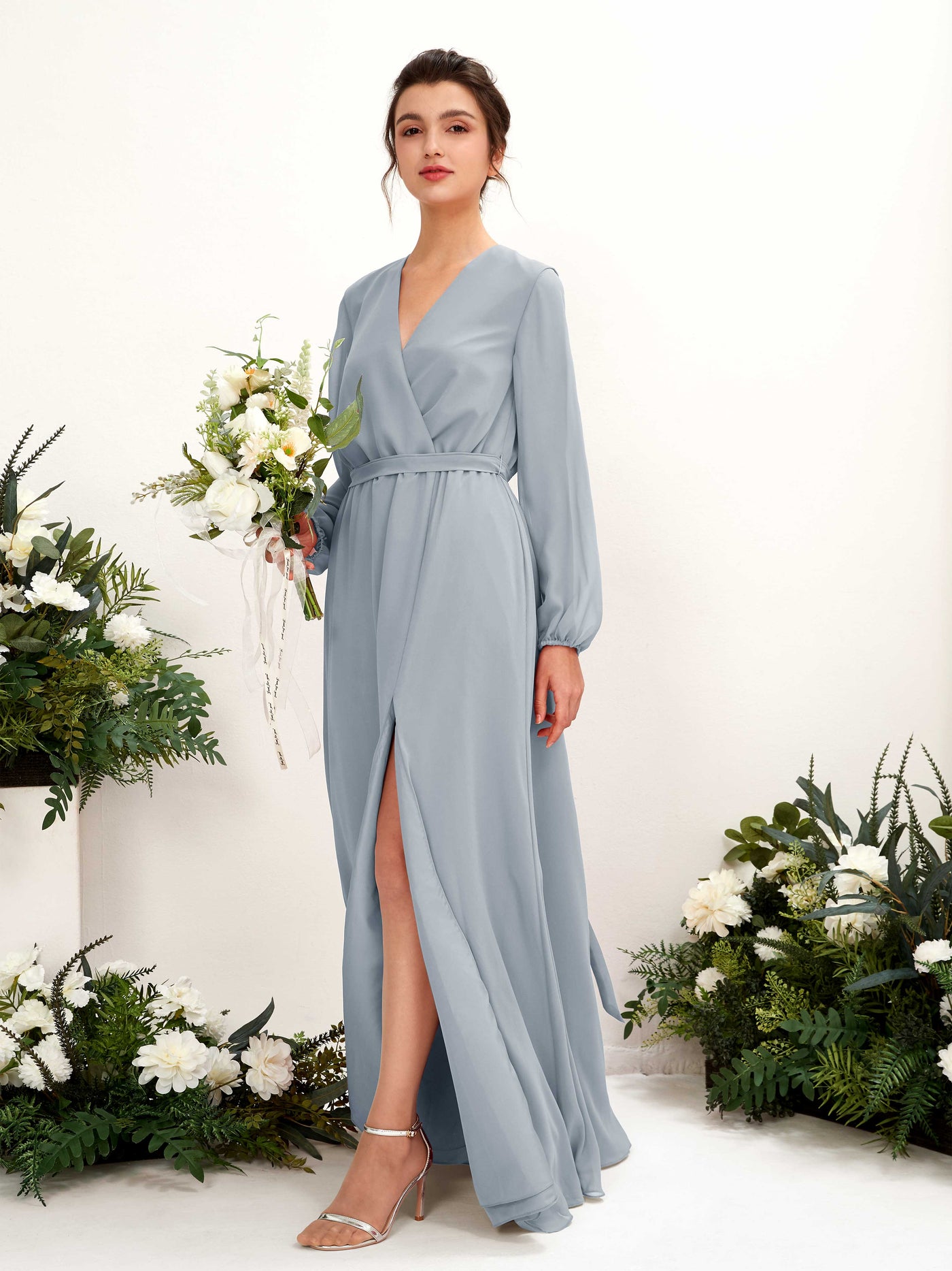 Dusty Blue Chiffon V-Neck Bridesmaid Dress A-Line Floor-Length | Carlyna Dusty Blue Chiffon V-Neck Bridesmaid Dress A-Line Floor-Length | Carlyna