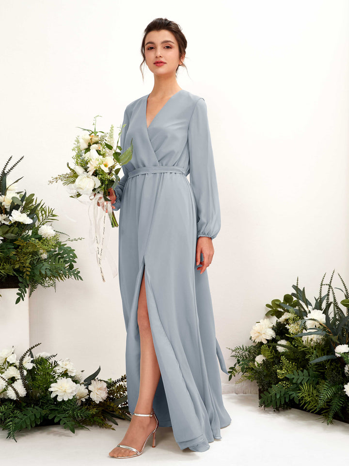 Dusty Blue-Upgrade Bridesmaid Dresses Bridesmaid Dress A-line Chiffon V-neck Full Length Long Sleeves Wedding Party Dress (81223204)
