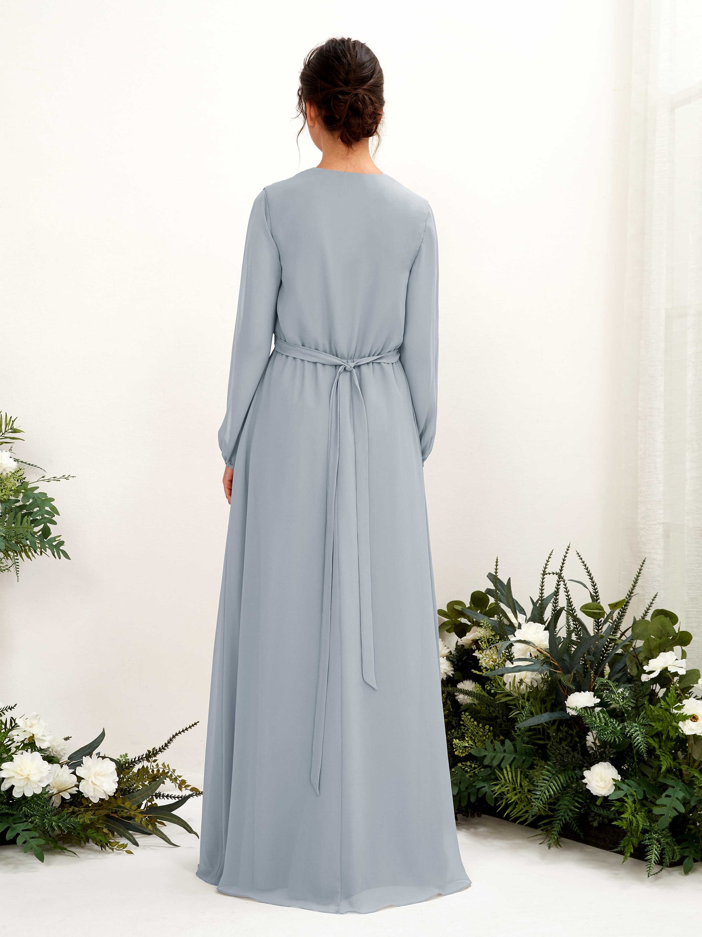 Dusty Blue-Upgrade Bridesmaid Dresses Bridesmaid Dress A-line Chiffon V-neck Full Length Long Sleeves Wedding Party Dress (81223204)#color_dusty-blue-upgrade