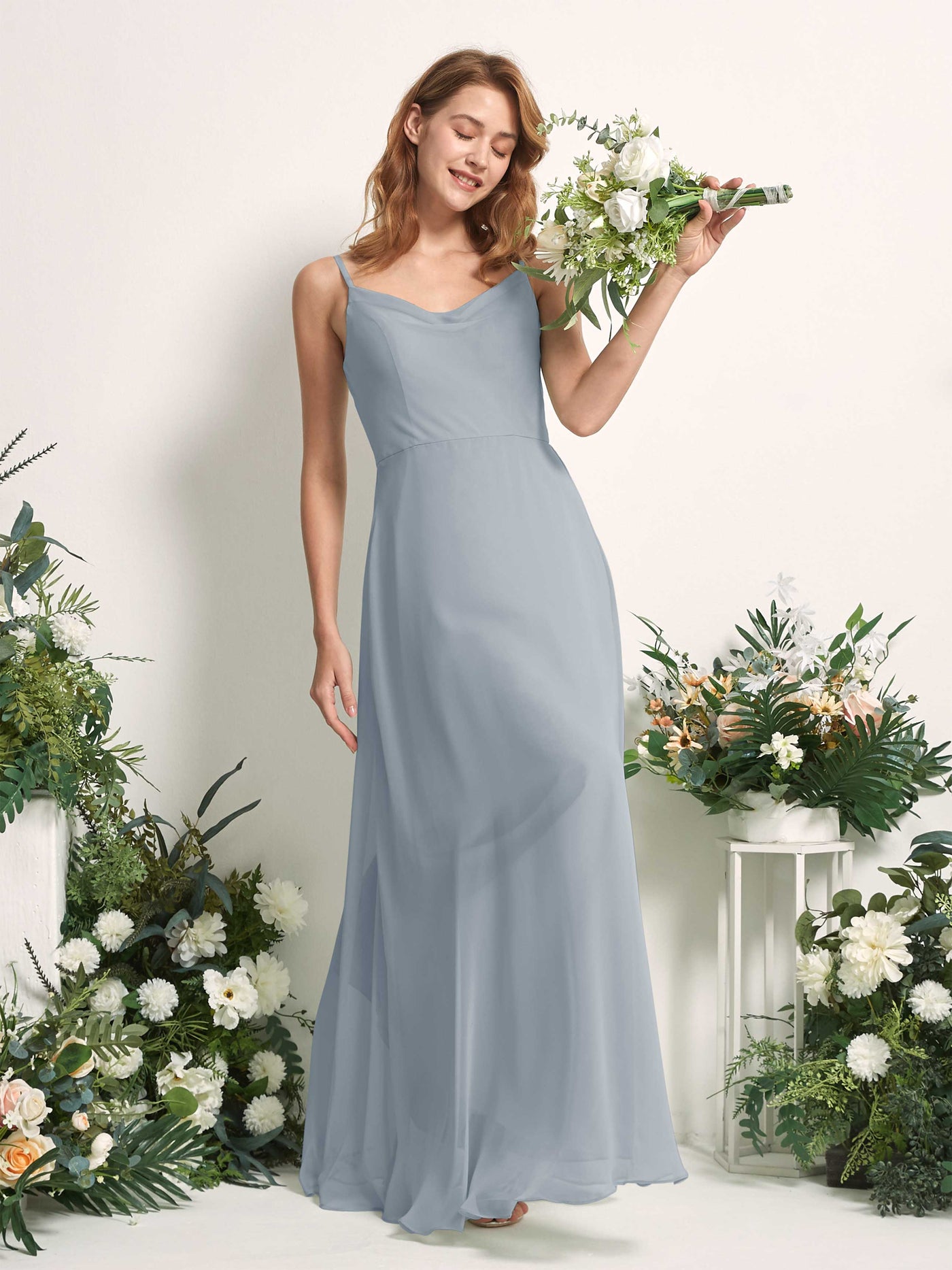 Bridesmaid Dress A-line Chiffon Spaghetti-straps Full Length Sleeveless Wedding Party Dress - Dusty Blue-Upgrade (81227204)#color_dusty-blue-upgrade