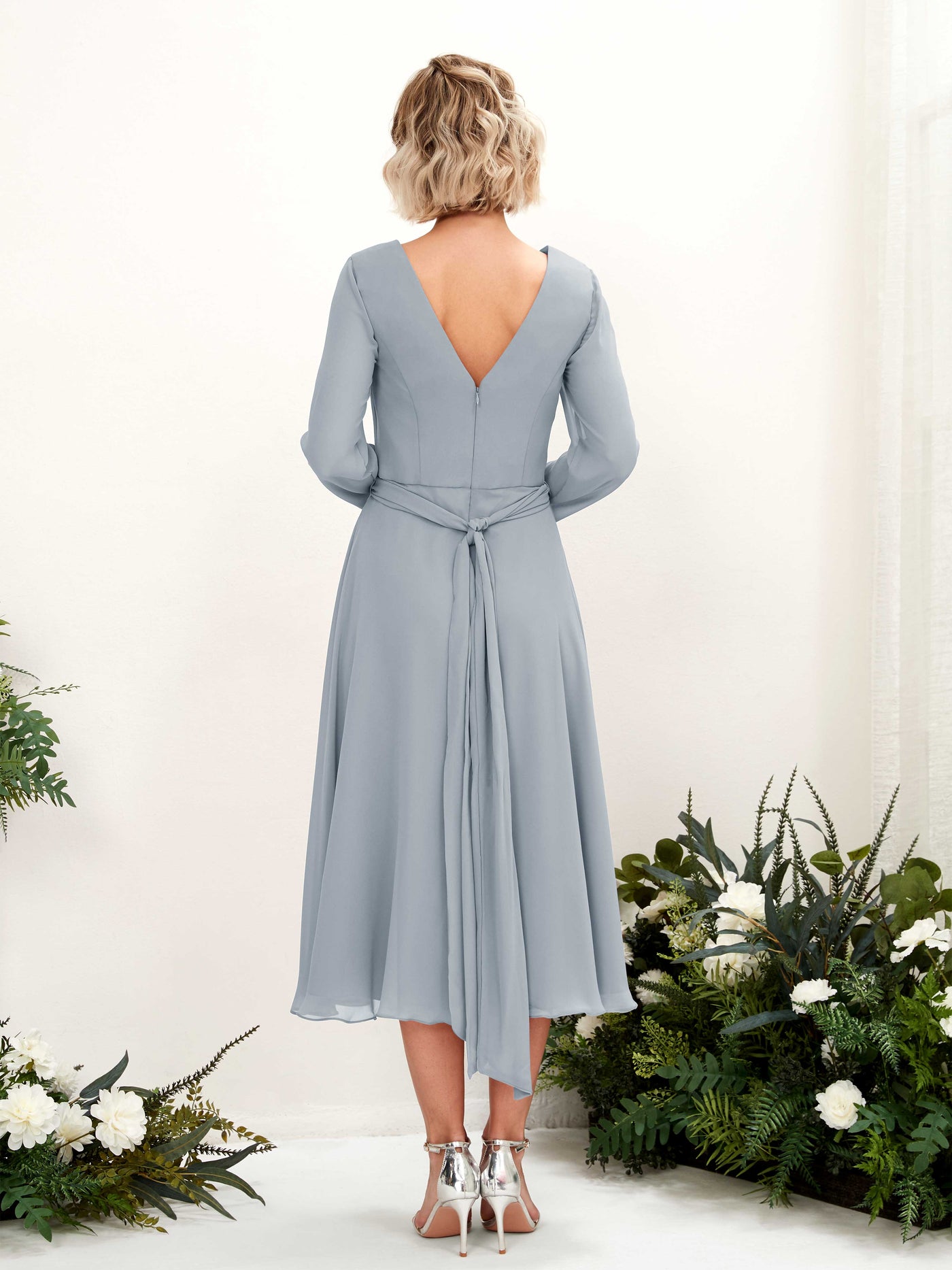 Dusty Blue Chiffon Bridesmaid Dress A-Line Midi Long Sleeve V-Neck