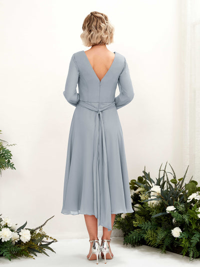 Carlyna Joanna A-Line Dusty Blue-Upgrade Bridesmaid Dress Midi Long Sleeve V-Neck Back View #color_dusty-blue-upgrade