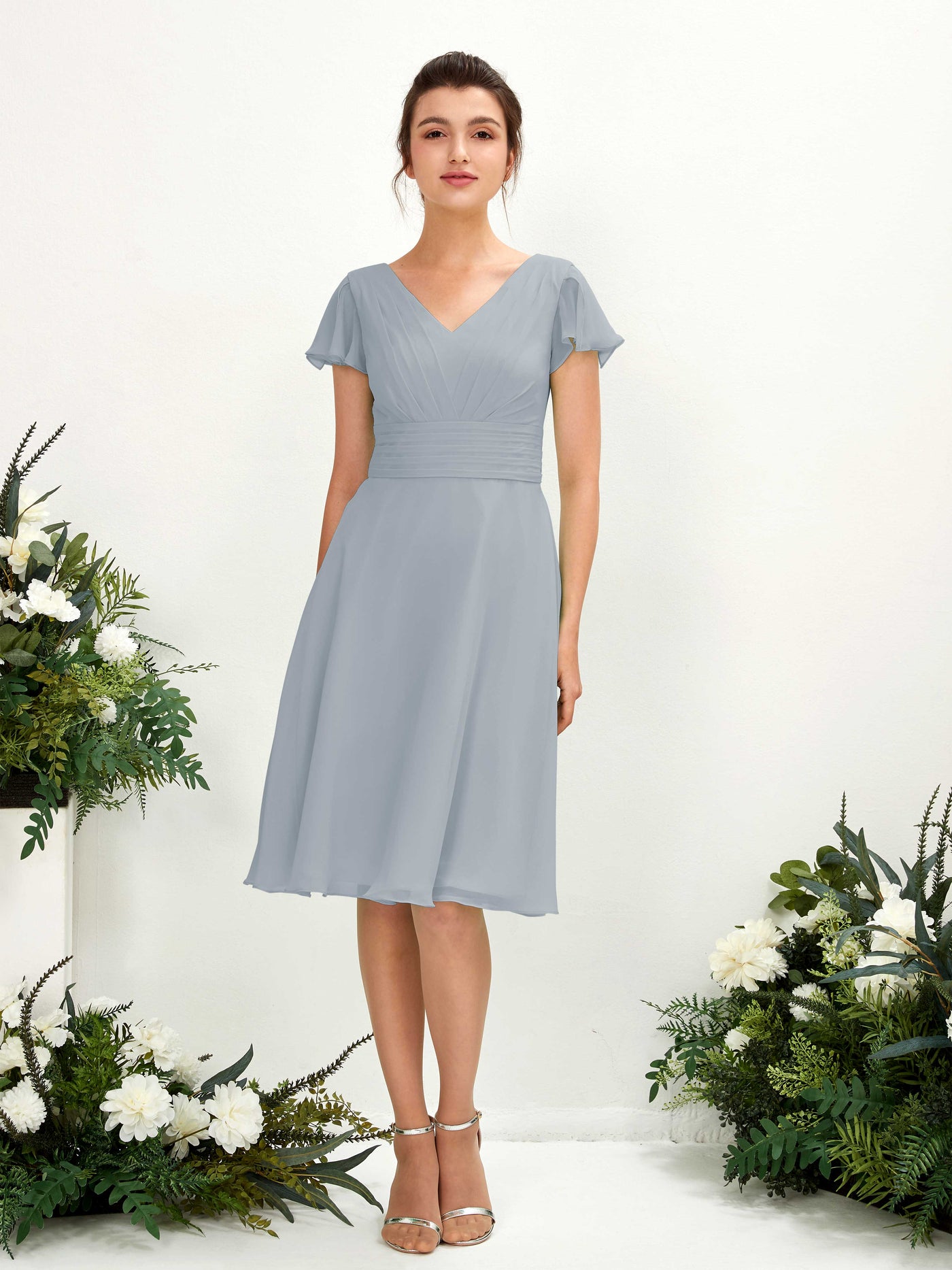 Dusty Blue Chiffon Bridesmaid Dress A-Line Knee-Length Flutter Sleeve V-Neck | Carlyna Dusty Blue Chiffon Bridesmaid Dress A-Line Knee-Length Flutter Sleeve V-Neck | Carlyna