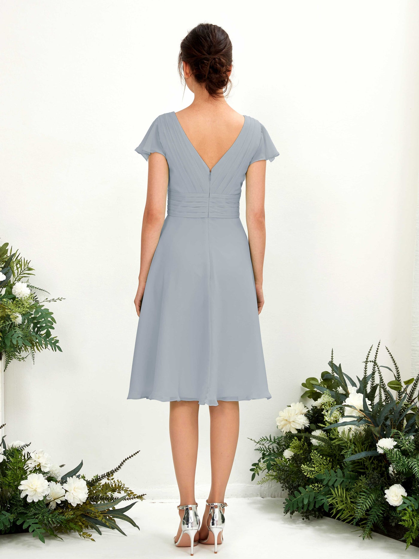 Dusty Blue-Upgrade Bridesmaid Dresses Bridesmaid Dress Chiffon V-neck Knee Length Short Sleeves Wedding Party Dress (81220204)#color_dusty-blue-upgrade