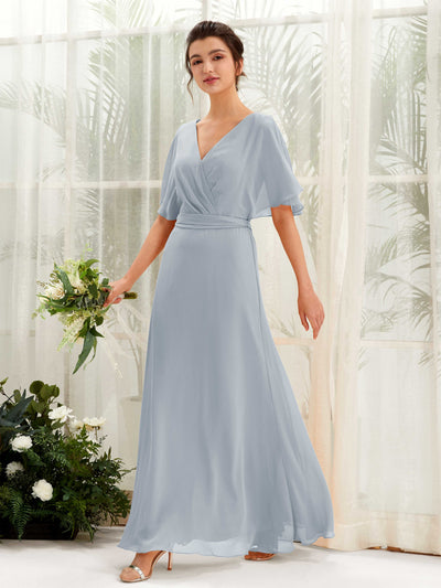 Dusty Blue-Upgrade Bridesmaid Dresses Bridesmaid Dress A-line Chiffon V-neck Full Length Short Sleeves Wedding Party Dress (81222404)#color_dusty-blue-upgrade