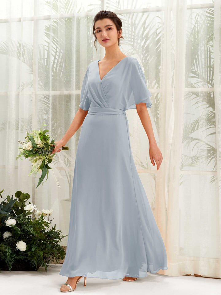 Dusty Blue-Upgrade Bridesmaid Dresses Bridesmaid Dress A-line Chiffon V-neck Full Length Short Sleeves Wedding Party Dress (81222404)