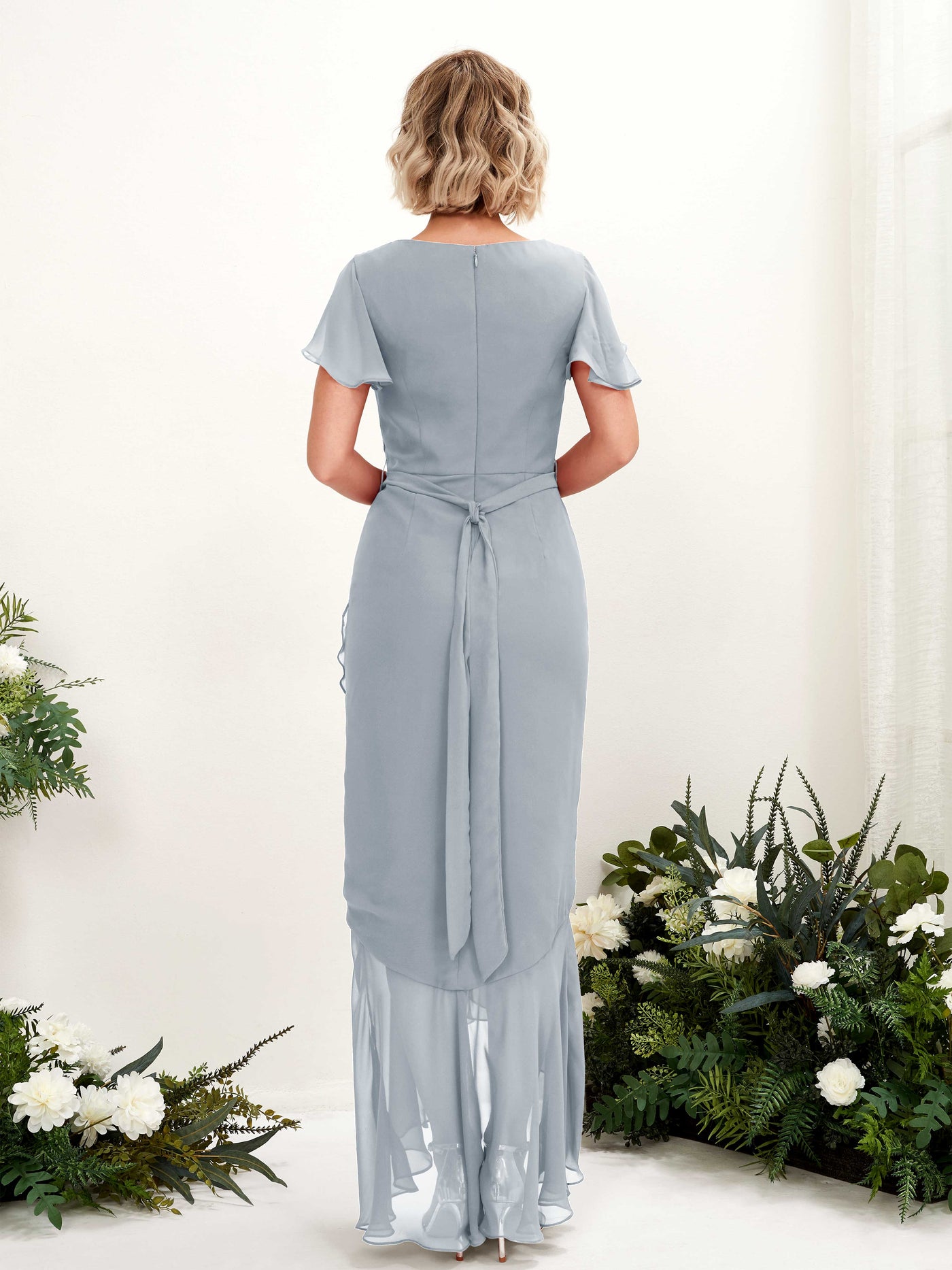 V-neck Short Sleeves Chiffon Bridesmaid Dress - Dusty Blue-Upgrade (81226204)#color_dusty-blue-upgrade