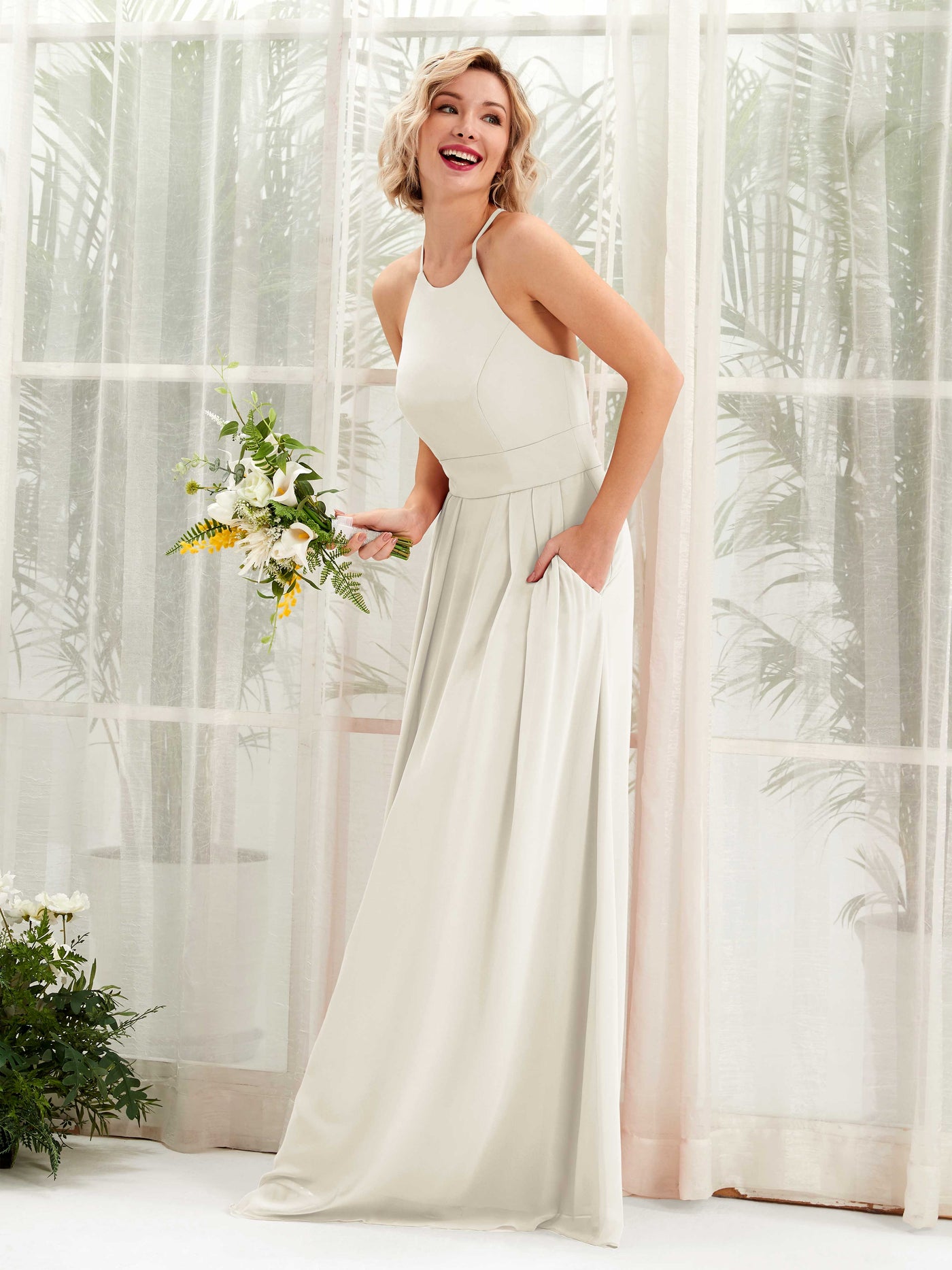 Ivory Bridesmaid Dresses Bridesmaid Dress A-line Chiffon Halter Full Length Sleeveless Wedding Party Dress (81225226)#color_ivory