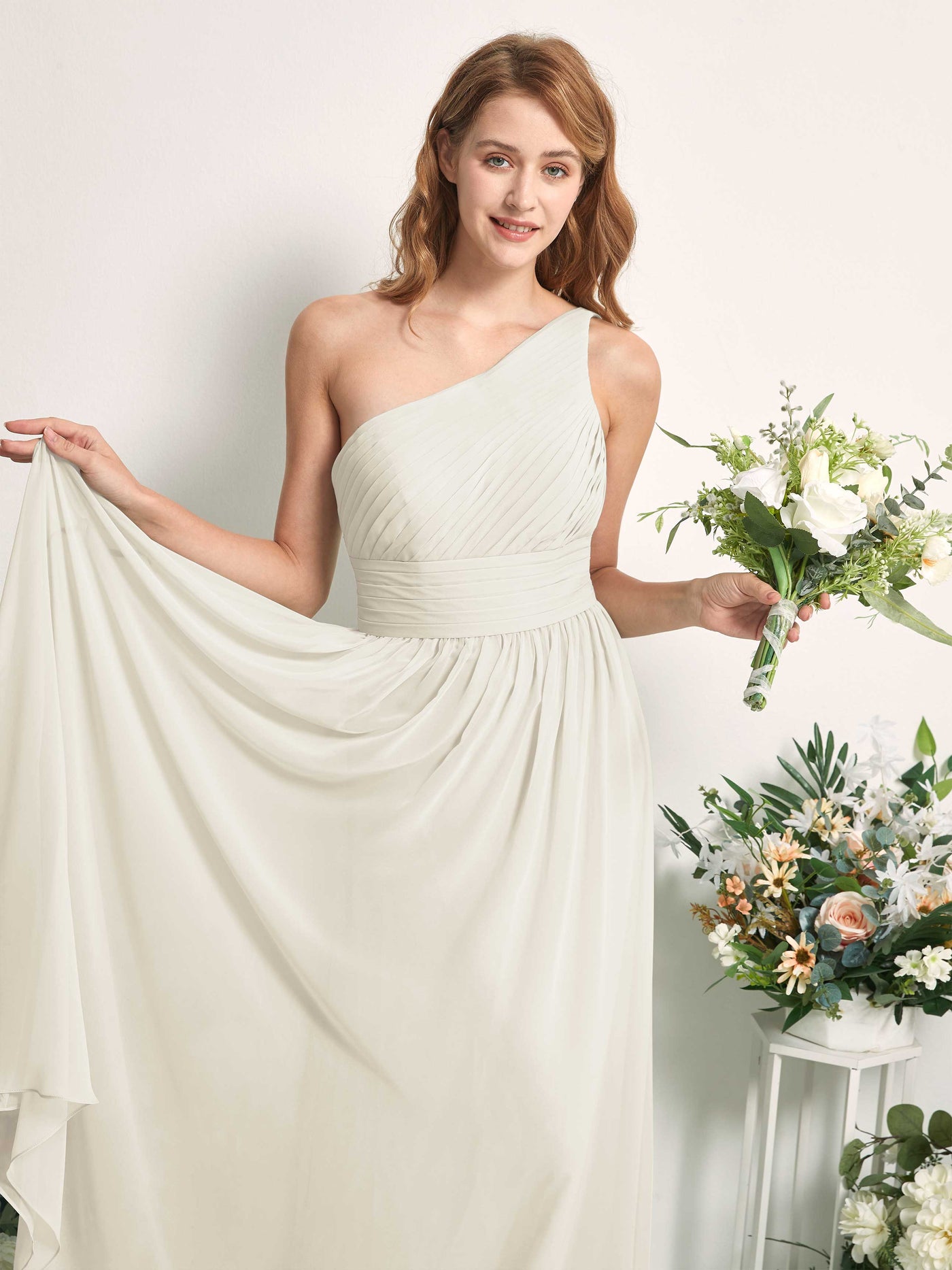 Bridesmaid Dress A-line Chiffon One Shoulder Full Length Sleeveless Wedding Party Dress - Ivory (81226726)#color_ivory