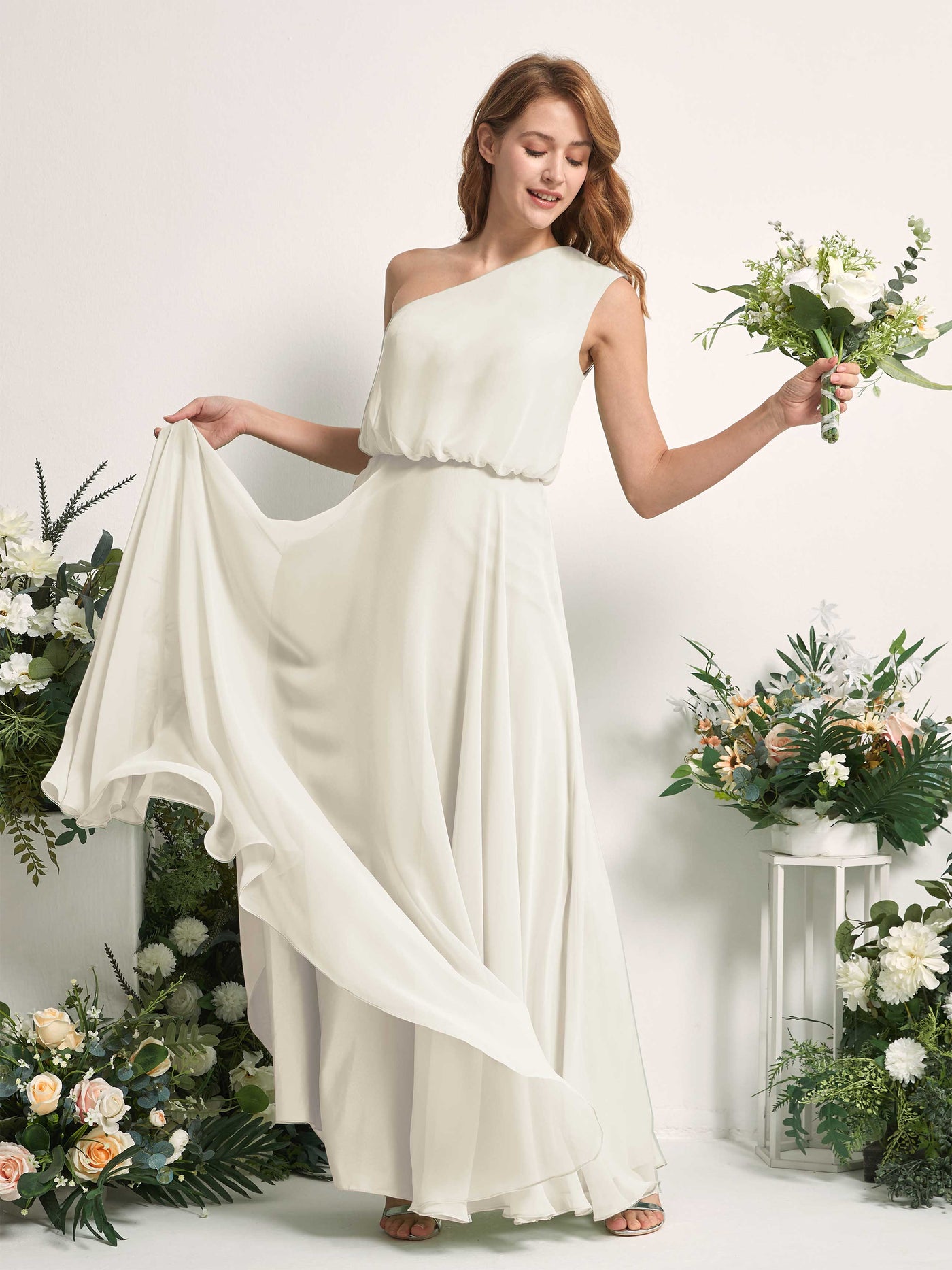 Bridesmaid Dress A-line Chiffon One Shoulder Full Length Sleeveless Wedding Party Dress - Ivory (81226826)#color_ivory