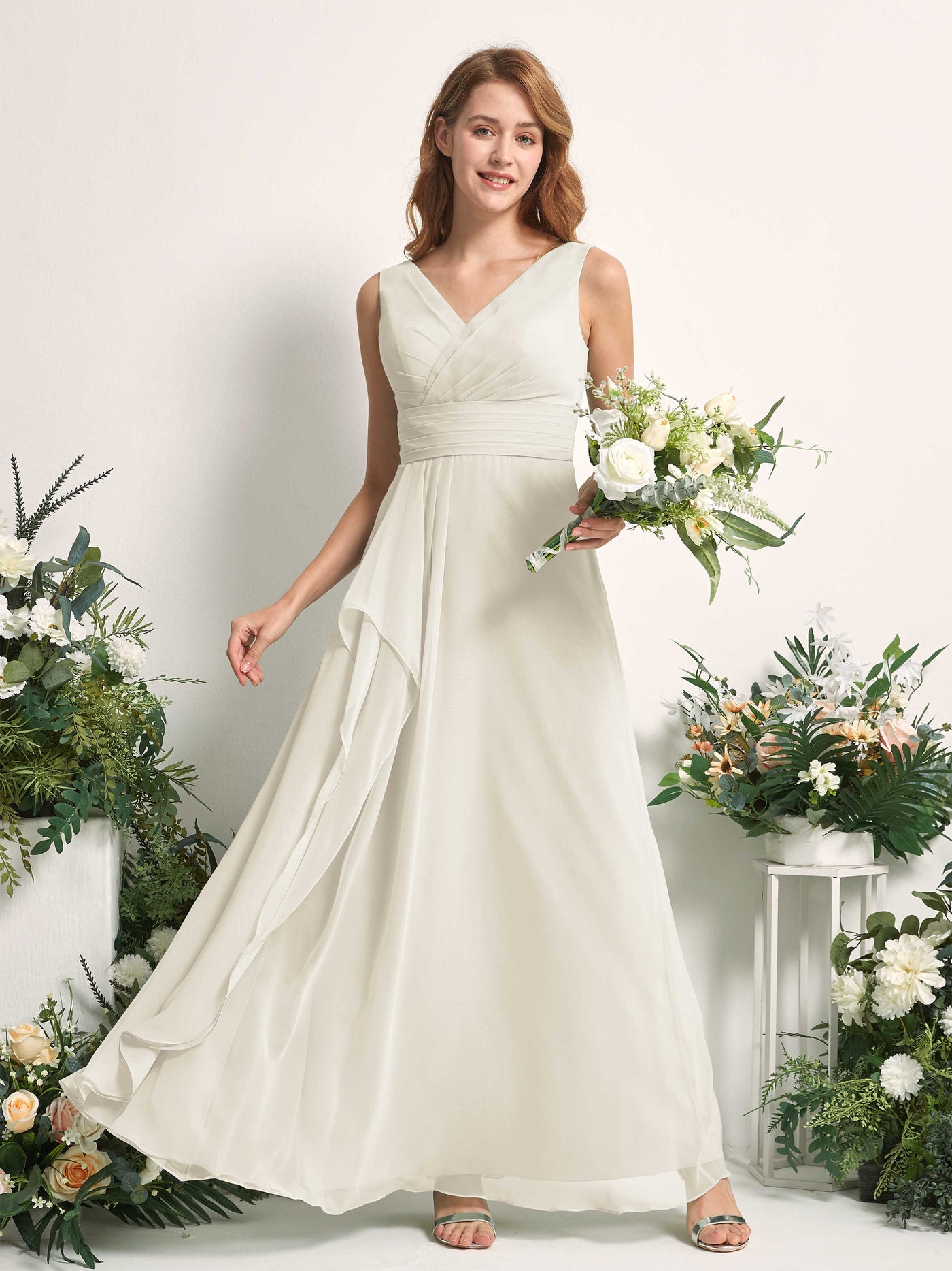 Bridesmaid Dress A-line Chiffon V-neck Full Length Sleeveless Wedding Party Dress - Ivory (81227126)#color_ivory