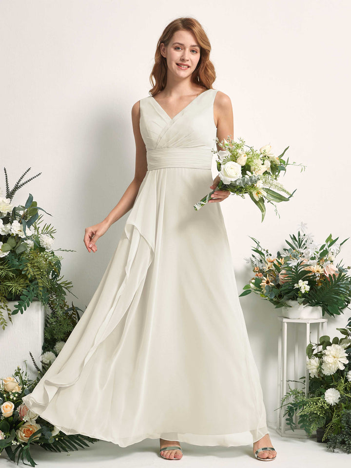 Bridesmaid Dress A-line Chiffon V-neck Full Length Sleeveless Wedding Party Dress - Ivory (81227126)
