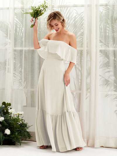 Carlyna Joie A-Line Ivory Bridesmaid Dress Maxi Sleeveless Off the Shoulder Dress Front View #color_ivory
