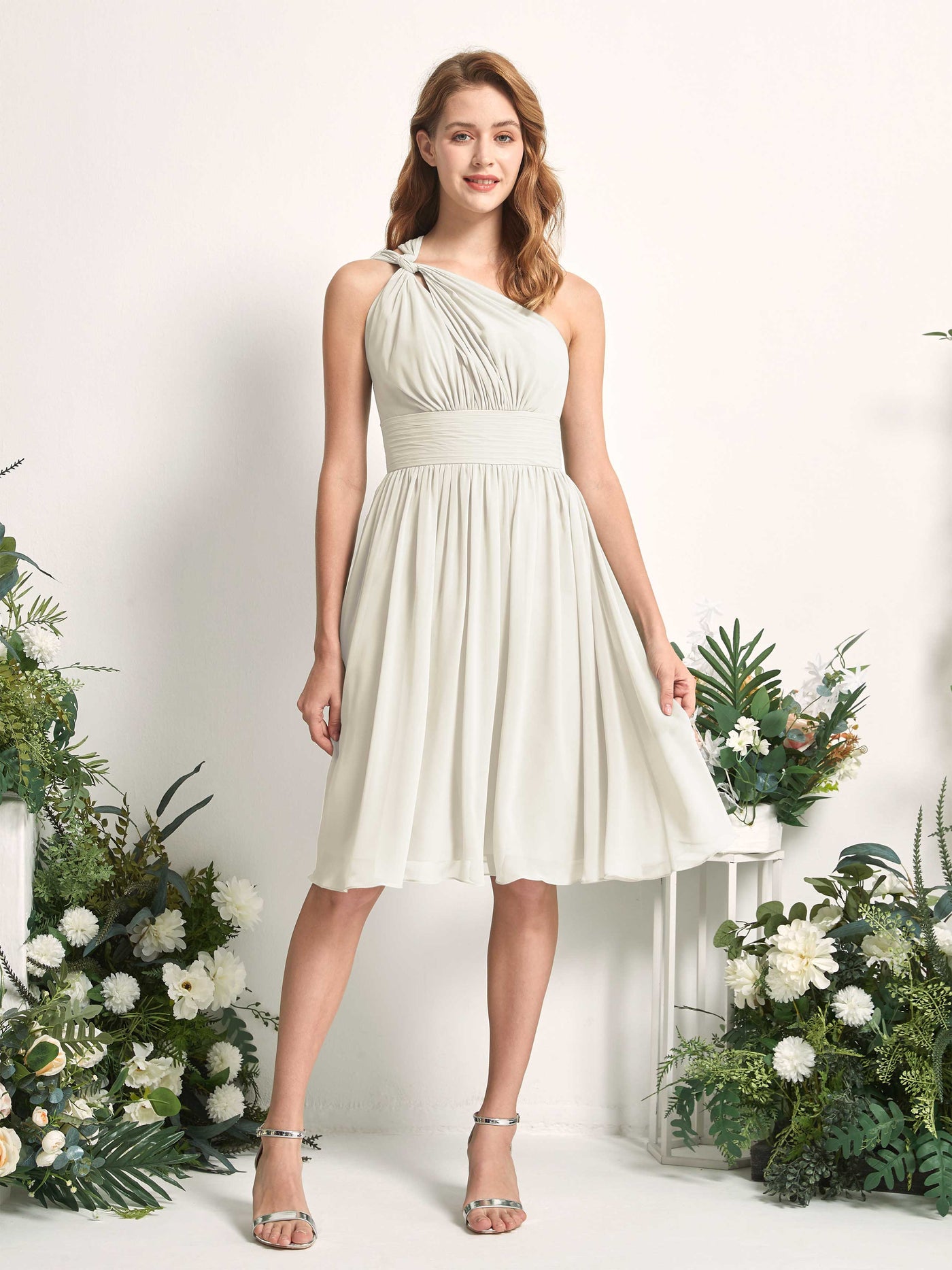 Bridesmaid Dress A-line Chiffon One Shoulder Knee Length Sleeveless Wedding Party Dress - Ivory (81221226)#color_ivory