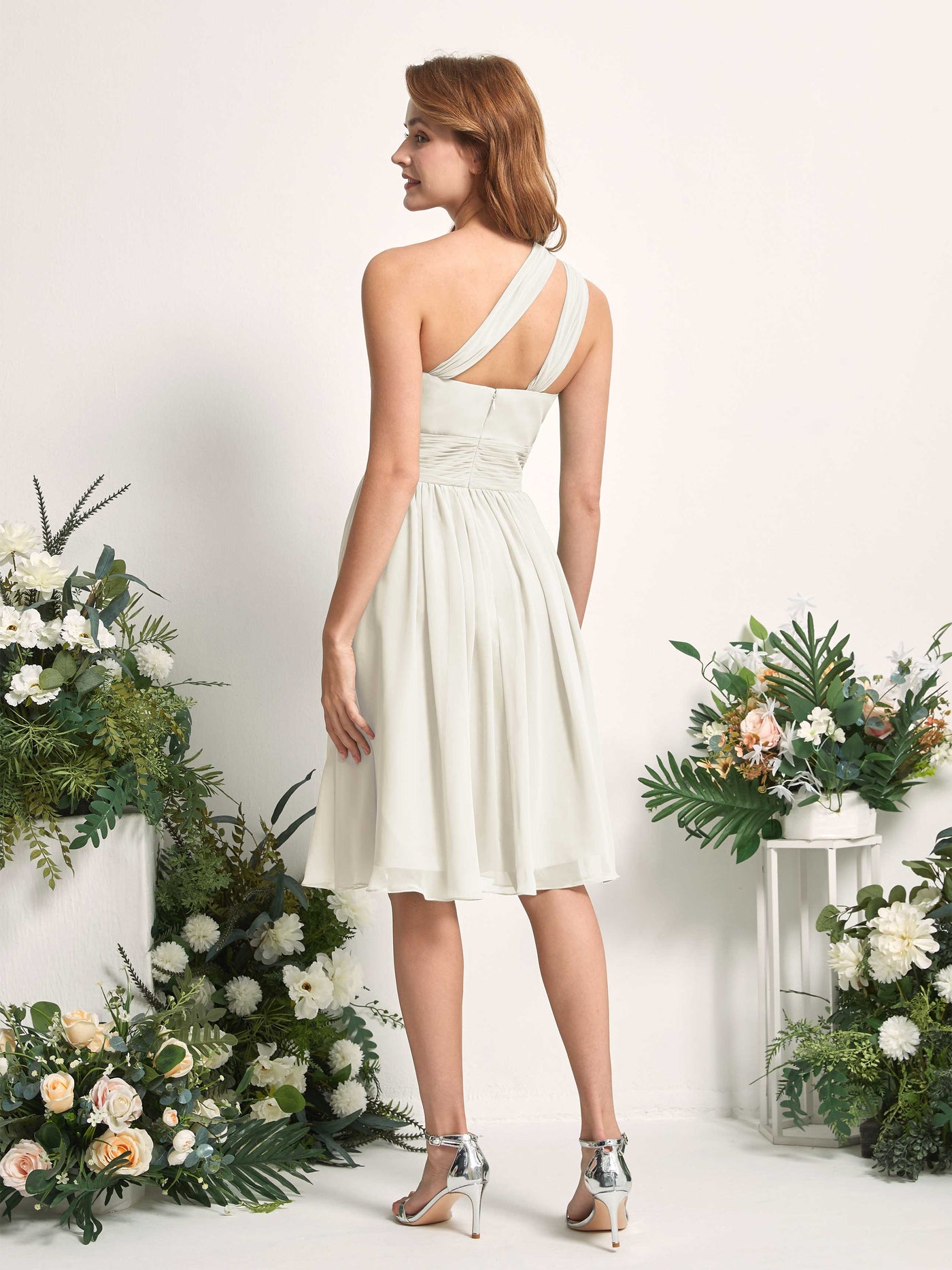 Bridesmaid Dress A-line Chiffon One Shoulder Knee Length Sleeveless Wedding Party Dress - Ivory (81221226)#color_ivory