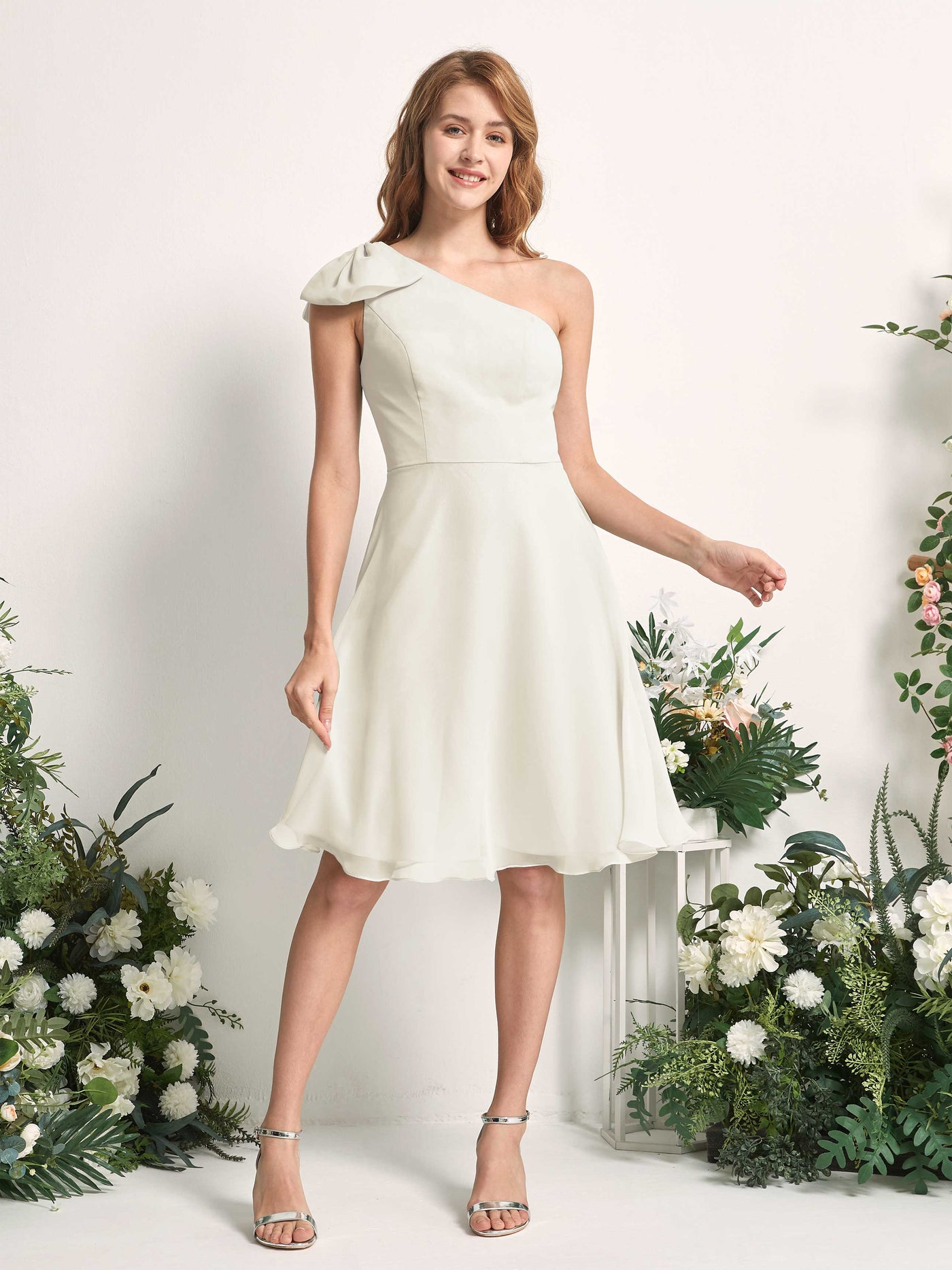 Bridesmaid Dress A-line Chiffon One Shoulder Knee Length Sleeveless Wedding Party Dress - Ivory (81227026)#color_ivory