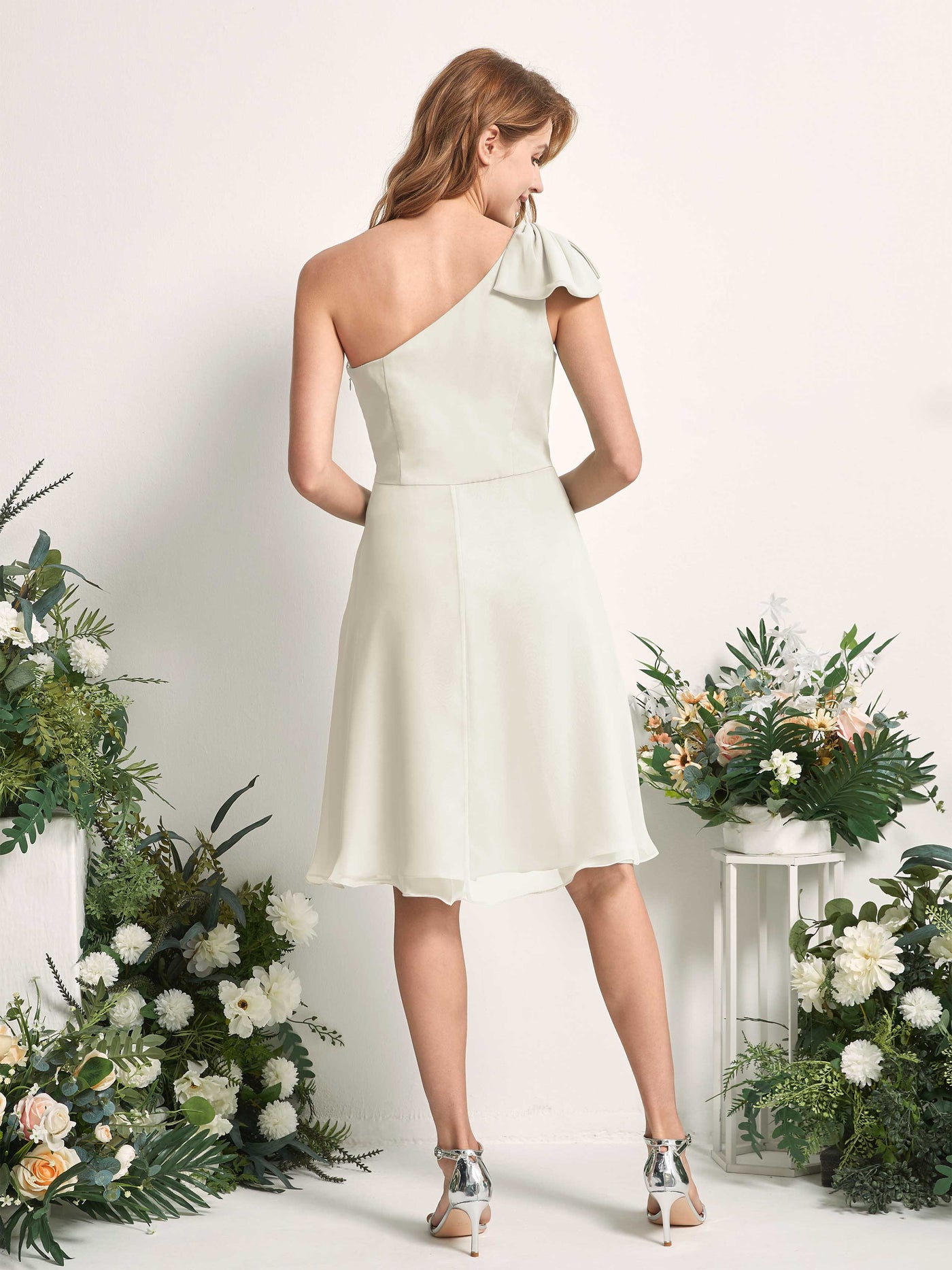 Bridesmaid Dress A-line Chiffon One Shoulder Knee Length Sleeveless Wedding Party Dress - Ivory (81227026)#color_ivory