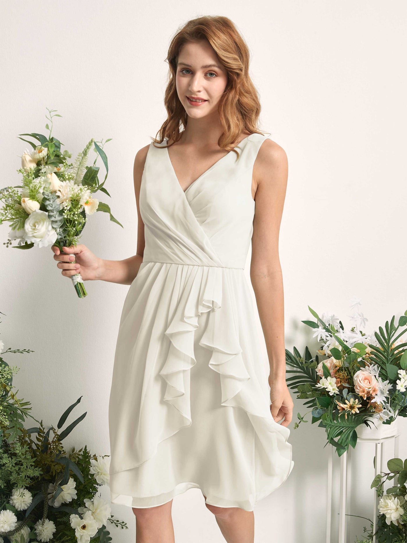 Bridesmaid Dress A-line Chiffon Straps Knee Length Sleeveless Wedding Party Dress - Ivory (81226626)#color_ivory