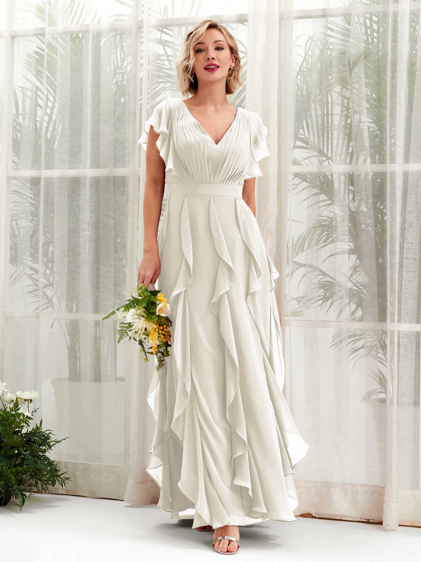 A-line Open back V-neck Short Sleeves Chiffon Bridesmaid Dress - Ivory (81226026)#color_ivory