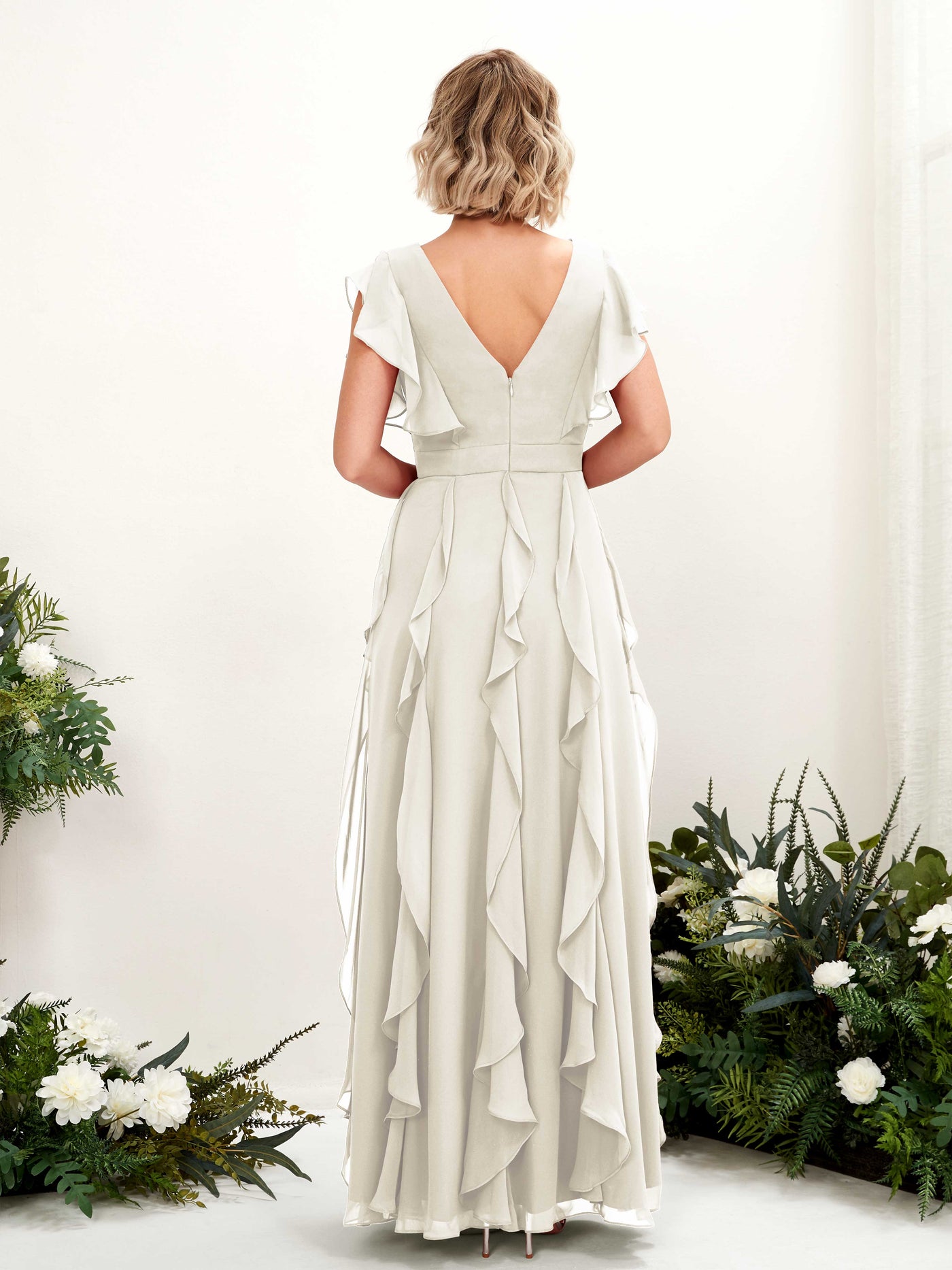A-line Open back V-neck Short Sleeves Chiffon Bridesmaid Dress - Ivory (81226026)#color_ivory