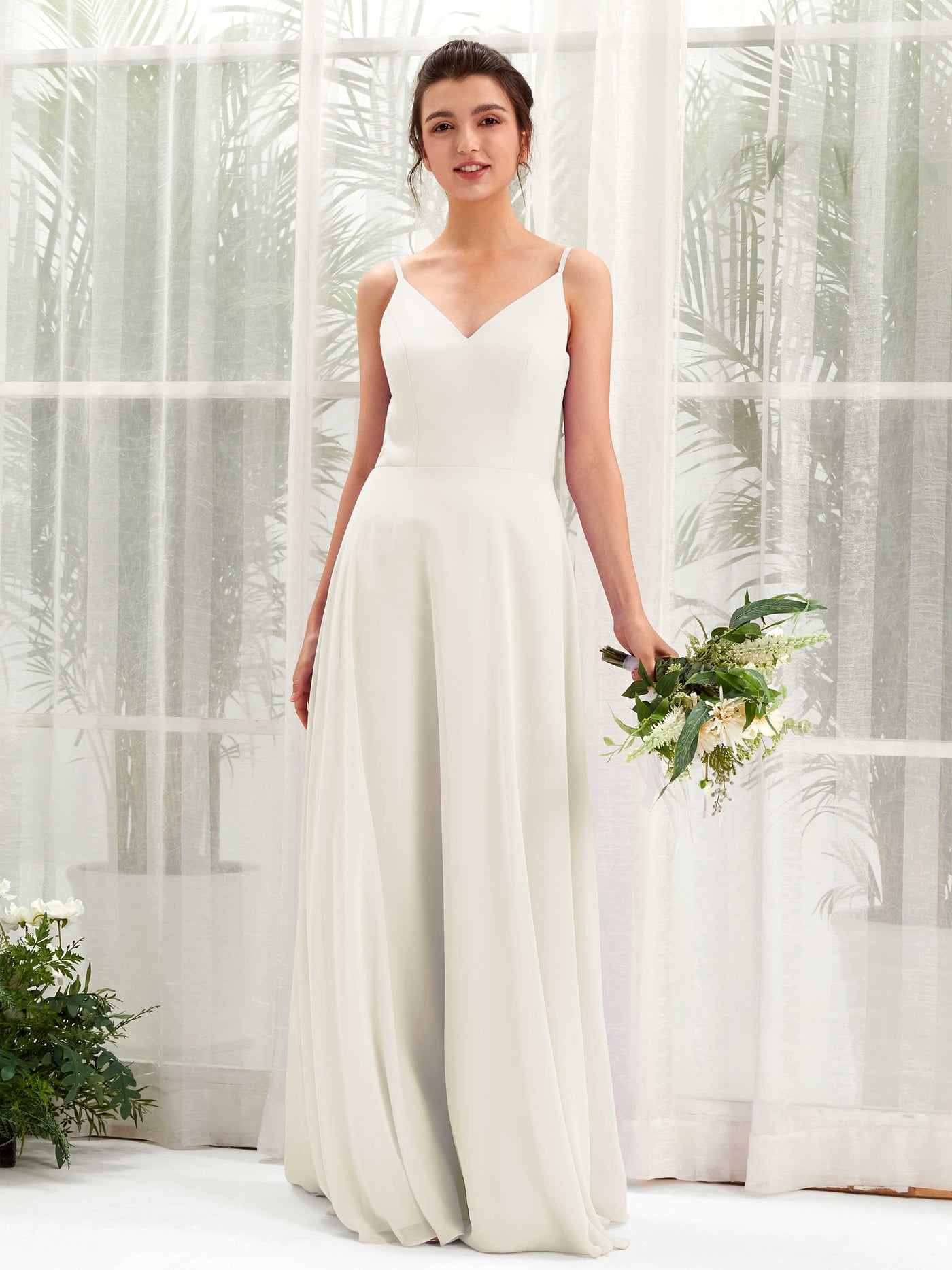 Ivory Bridesmaid Dresses Bridesmaid Dress A-line Chiffon Spaghetti-straps Full Length Sleeveless Wedding Party Dress (81220626)#color_ivory