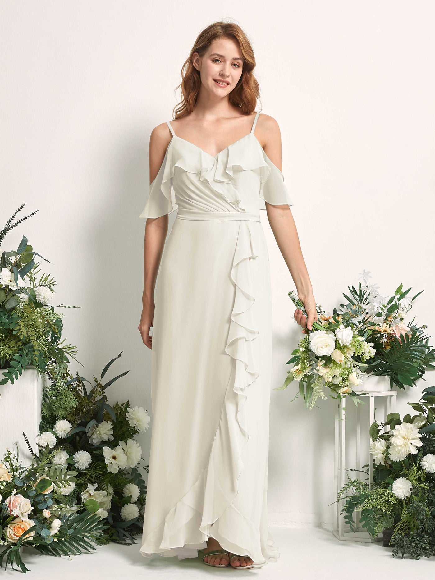 Bridesmaid Dress A-line Chiffon Spaghetti-straps Full Length Sleeveless Wedding Party Dress - Ivory (81227426)#color_ivory