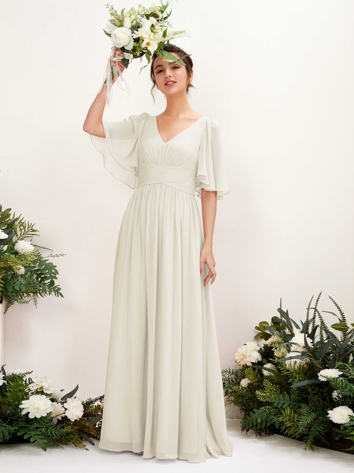 Ivory Bridesmaid Dresses Bridesmaid Dress A-line Chiffon V-neck Full Length 1/2 Sleeves Wedding Party Dress (81221626)