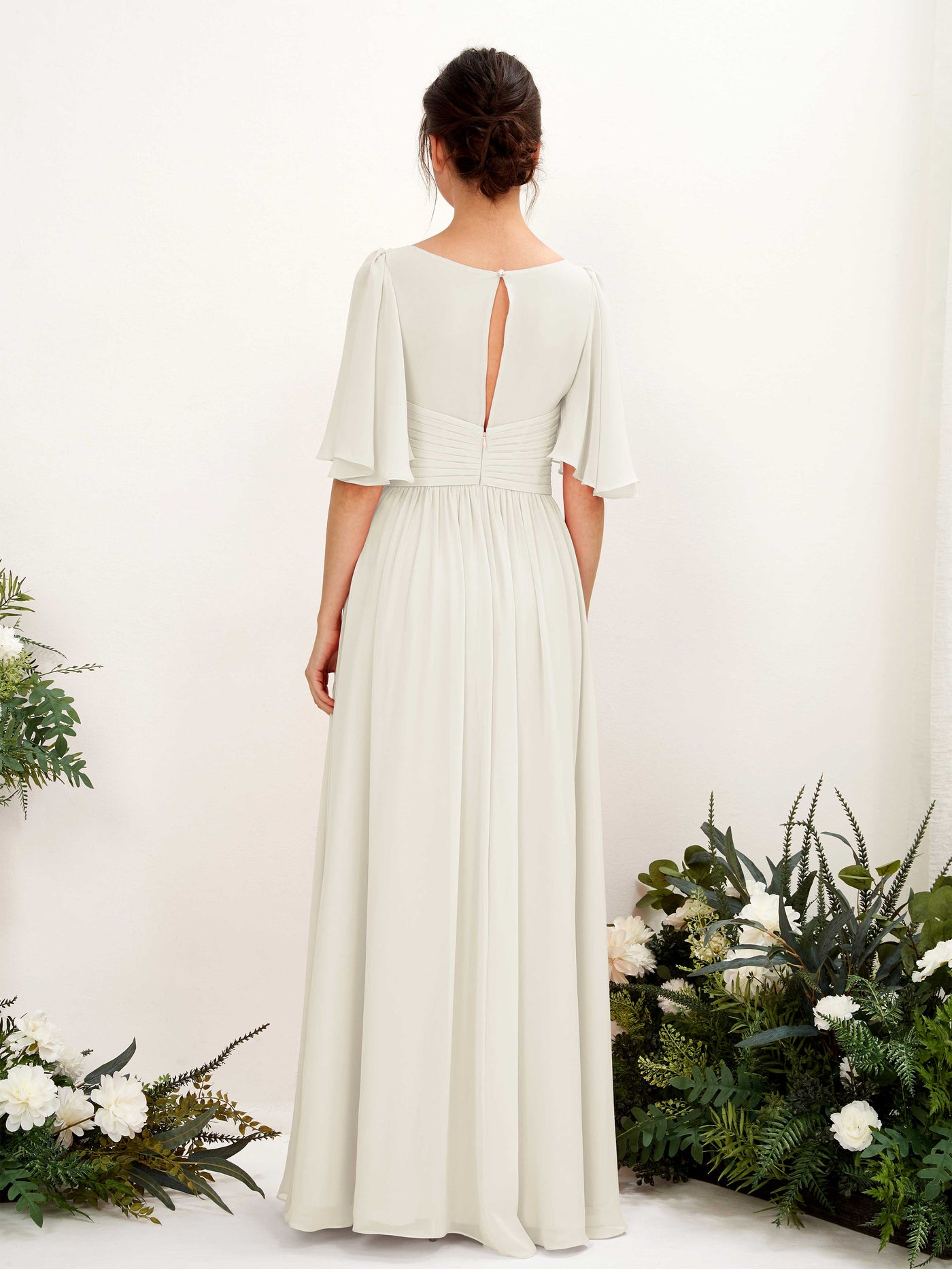 Ivory Bridesmaid Dresses Bridesmaid Dress A-line Chiffon V-neck Full Length 1/2 Sleeves Wedding Party Dress (81221626)#color_ivory